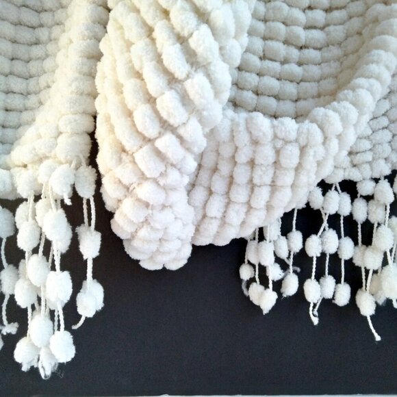 White Chenille Scarf with Long, Fringe of Pom Poms, Soft, Cuddly, & Very Warm - Picture 2 of 4
